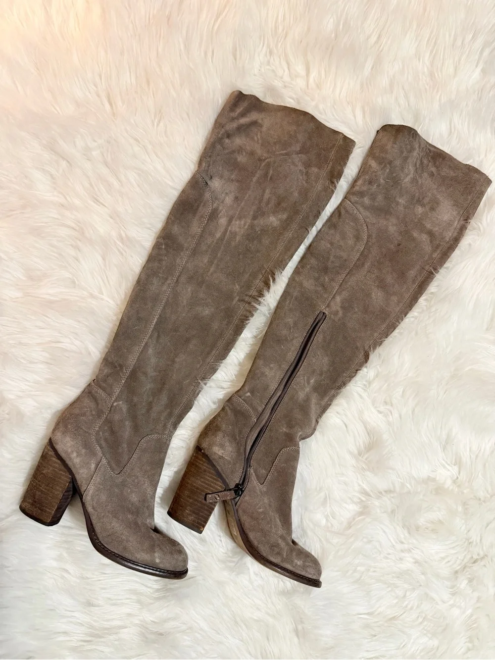 KDB Kelsi Dagger Taupe Suede Over the Knee Block Heel Boots